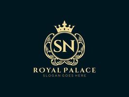 Letter SN Antique royal luxury victorian logo with ornamental frame. vector