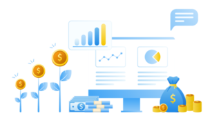 finanziario gestione concetto e investimento, piatto design di pagamento e finanza con i soldi, Contanti, banconota, calcolatrice e credito carta. illustrazione e bandiera modello. png