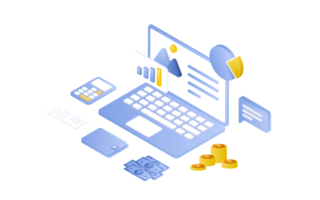 concept de gestion financière et investissement, conception plate de paiement et de financement avec argent, espèces, billets de banque, calculatrice et carte de crédit. illustration et modèle de bannière. png