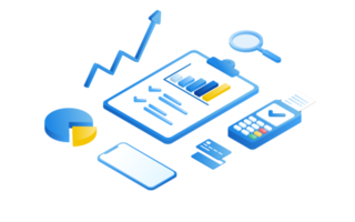 finanzmanagementkonzept und investition, flaches design von zahlung und finanzierung mit geld, bargeld, banknote, taschenrechner und kreditkarte. Illustration und Bannervorlage. png