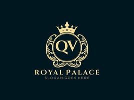 Letter QV Antique royal luxury victorian logo with ornamental frame. vector
