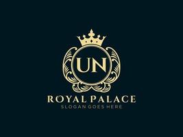 Letter UN Antique royal luxury victorian logo with ornamental frame. vector