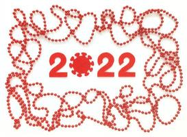 Red felt numbers 2022 on white background. Zero in the form of a covid virus. Red beads around. Flat lay for Christmas, or year review. photo