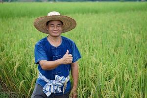 Asian man farmer is at paddy field, wears hat, blue shirt, thumbs up, feels confident.  Concept, Agriculture occupation. Working with nature. Organic farming. photo