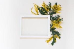 Empty white frame and yellow mimosa flowers on a white top view background with space to copy. Mockup flat lay photo