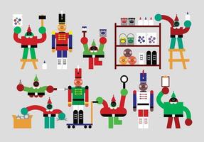 conjunto de elfos en la fábrica de cascanueces humanoides diseño de personajes geométricos planos vector