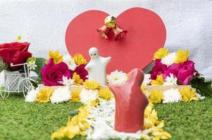 Mock up couple hugging at a simulated wedding decorated with roses and flowers. Valentine day concept photo