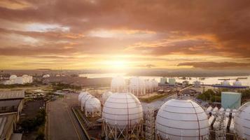 Aerial view of industrial gas storage tank in factory. LNG or liquefied natural gas storage tank. Global energy crisis. Energy price crisis. Natural gas storage industry. Above-ground gas storage tank photo