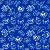 patrón vectorial sin costuras con concha azul, dibujo abstracto de ilustración de mariscos sobre fondo azul para la impresión de textiles de tela de moda, papel tapiz y envoltura de papel vector