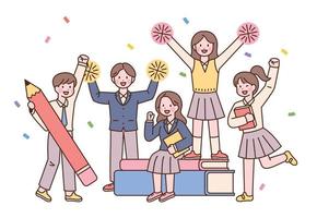Cute students in school uniforms are cheering on the big books and pencils. vector