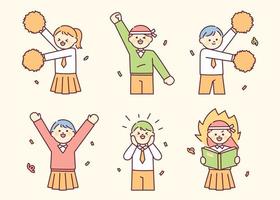Cute students in school uniforms are cheering happily. outline simple vector illustration.