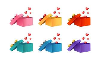 Set of colorful open gift boxes with floating hearts. vector