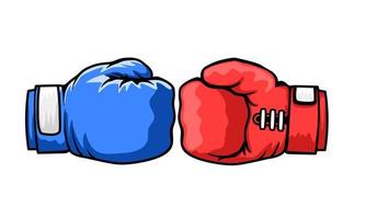 Boxing gloves fight between blue gloves and red gloves. Battle emblem cartoon. Vector illustration.