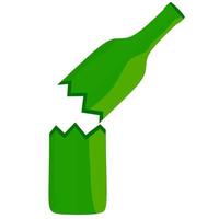 The green bottle is broken into two halves on a white background. The edge of the bottle is very sharp and dangerous, suitable for broken, cracked, sharp drink container logos. Vector illustration