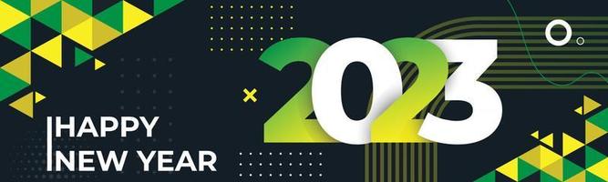 feliz año nuevo 2023 diseño de texto con caligrafía geométrica moderna sobre fondo oscuro. banner colorido de tarjeta de felicitación creativa para el año 2023 vector