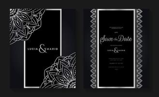 Luxury wedding invitation card design with silver mandala and abstract pattern, Arabic Islamic east background style, Decorative ornamental mandala for print, poster, cover, flyer, and banner. vector