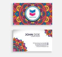 Embroidery style colorful mandala business card design. Bright floral ornamental elements, Indian, Asian, Arabic, Islamic, and ottoman motif. Vector illustration