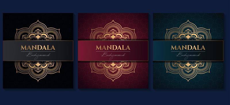 Set of abstract gold luxury mandala background vector template, Circular ornamental arabesque pattern for poster, cover, brochure, flyer. Red, green, blue background with ethnic floral mandala element