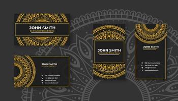 Luxury black business card with yellow mandala decoration designs, Bright floral ornamental elements vector
