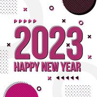 plantilla de tarjeta de felicitación de feliz año nuevo 2023, tipografía de moda con patrón geométrico hipster en estilo memphis, fondo de logotipo 2023, aplicable para banner, calendario, invitación, volante, medios sociales vector