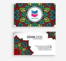 Embroidery style colorful mandala business card design. Bright floral ornamental elements, Indian, Asian, Arabic, Islamic, and ottoman motif. Vector illustration