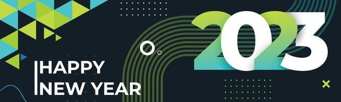 feliz año nuevo 2023 diseño de texto con caligrafía geométrica moderna sobre fondo oscuro. banner colorido de tarjeta de felicitación creativa para el año 2023 vector