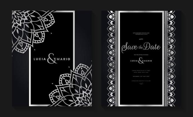 Luxury wedding invitation card design with silver mandala and abstract pattern, Arabic Islamic east background style, Decorative ornamental mandala for print, poster, cover, flyer, and banner.