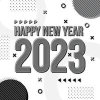 plantilla de tarjeta de felicitación de feliz año nuevo 2023, tipografía de moda con patrón geométrico hipster en estilo memphis, fondo de logotipo 2023, aplicable para banner, calendario, invitación, volante, medios sociales vector