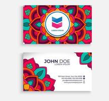 Embroidery style colorful mandala business card design. Bright floral ornamental elements, Indian, Asian, Arabic, Islamic, and ottoman motif. Vector illustration