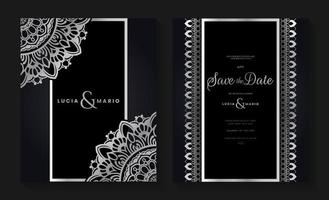 Luxury wedding invitation card design with silver mandala and abstract pattern, Arabic Islamic east background style, Decorative ornamental mandala for print, poster, cover, flyer, and banner. vector