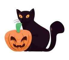 gato negro de halloween con calabaza vector