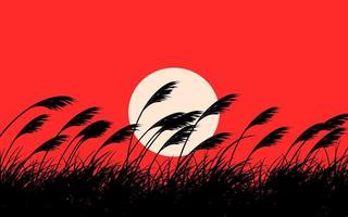 Vector grass silhouette on red sky sunset nature background