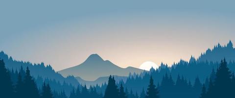 Vector mountain landscape illustration with pine forest. Foggy mountain silhouette scenery