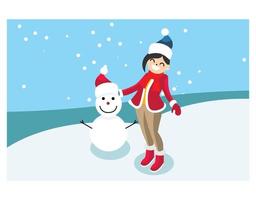 illustration vector snow mountain with visitors and snowball dolls.  Suitable for Diagrams, Infographics, And Other Graphic assets