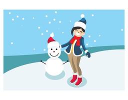 illustration vector snow mountain with visitors and snowball dolls.  Suitable for Diagrams, Infographics, And Other Graphic assets