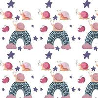 Cute snails with rainbow, stars and apples pattern vector