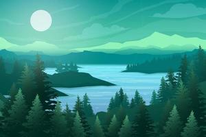 Forest on mountains river landscape background vector poster. Bright sunny day in green mountain calm lake valley cartoon illustration. Summer season alpine wild nature outdoor hand drawn scenic view