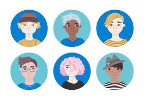 Androgynous people portrait set. Avatar collection casual persons different nationalities. Vector cartoon illustration isolated with round backgrounds. Bundle for representing in social network.