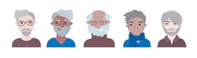 Elderly male portrait set. Avatar collection of casual aged men. Divercity adult vector cartoon illustrations isolated on white background. Icon bundle for representing person in social network.