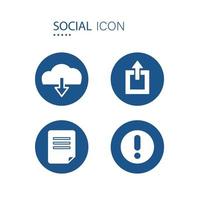 Symbol of Cloud download, Upload, File document and Warn icons. 2 icons on blue circle shape isolated on white background. Icons about social vector illustration.