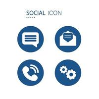 símbolo de mensaje, bandeja de entrada de correo, llamada telefónica e iconos de configuración. 2 iconos en forma de círculo azul aislado sobre fondo blanco. iconos sobre ilustración de vector social.