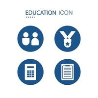 Symbol of education equipment icons on blue circle shape such icons as pictogram of student, math equipment and etc. Isolated on white background. Vector illustration.