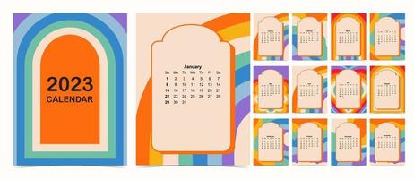 2023 table calendar week start on Sunday with groovy and rainbow that use for vertical digital and printable A4 A5 size vector