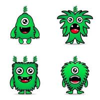 set cute green monsters design mascot kawaii vector