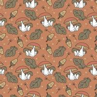 Autumn vector seamless pattern with hand drawn funguses, fall leaves, berries.