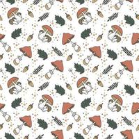 Autumn vector seamless pattern with hand drawn funguses, fall leaves, berries.