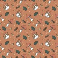 Autumn vector seamless pattern with hand drawn funguses, fall leaves, berries.
