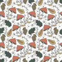 Autumn vector seamless pattern with hand drawn funguses, fall leaves, berries.