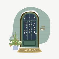 X-Mas decorated home front door. Christmas tree by the house door with Wreath and Deco for party. Postcard, invitation or poser for new year and Merry Christmas. vector