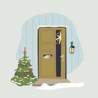 puerta de entrada de casa decorada con navidad. árbol de navidad junto a la puerta de la casa con corona y decoración para la fiesta. postal, invitación o poser para año nuevo y feliz navidad. vector